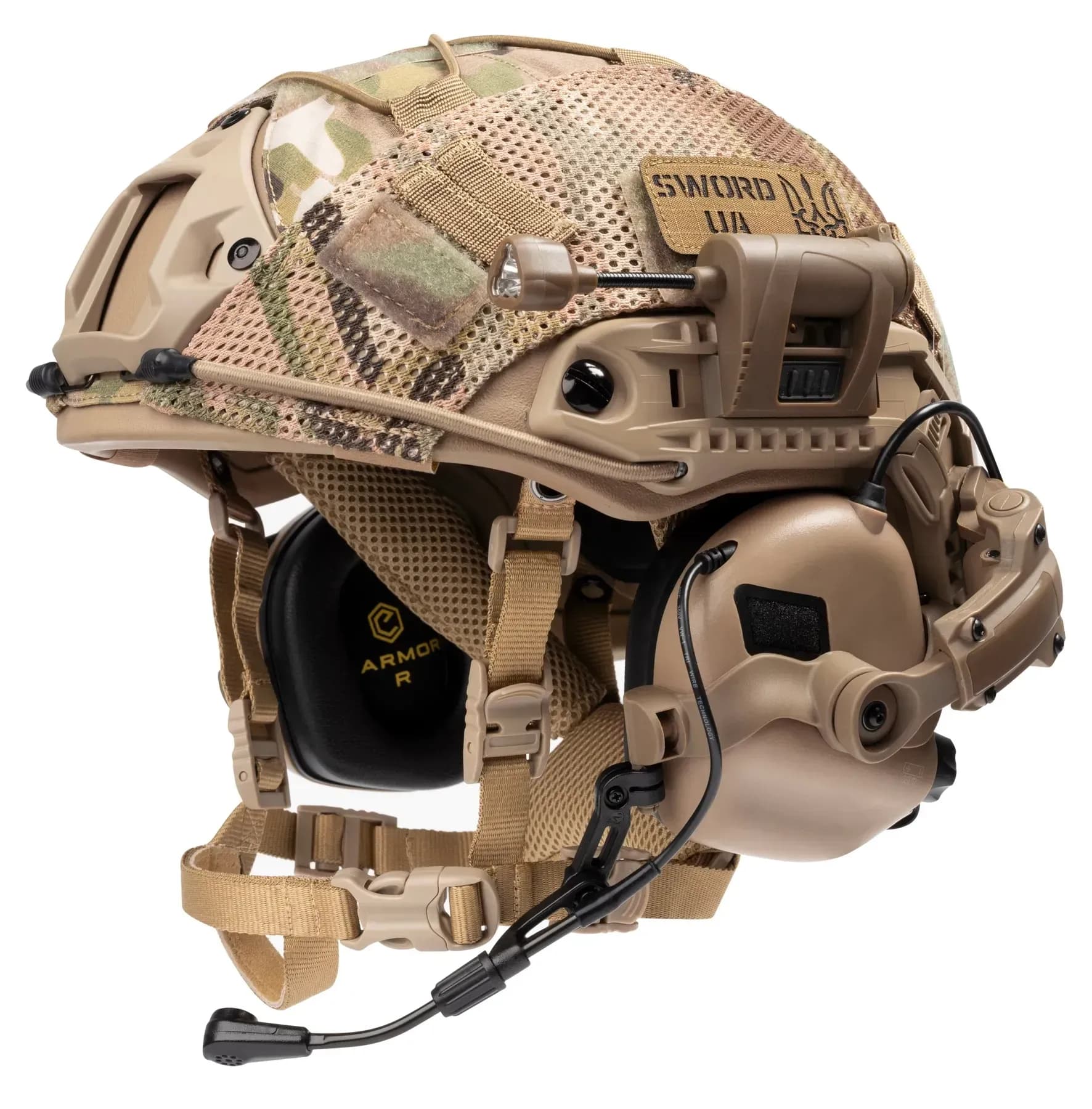 Шолом балістичний каска FAST Helmet NIJ IIIA Койот+Тактичні навушники М32+кавер мультикам+ліхтарик