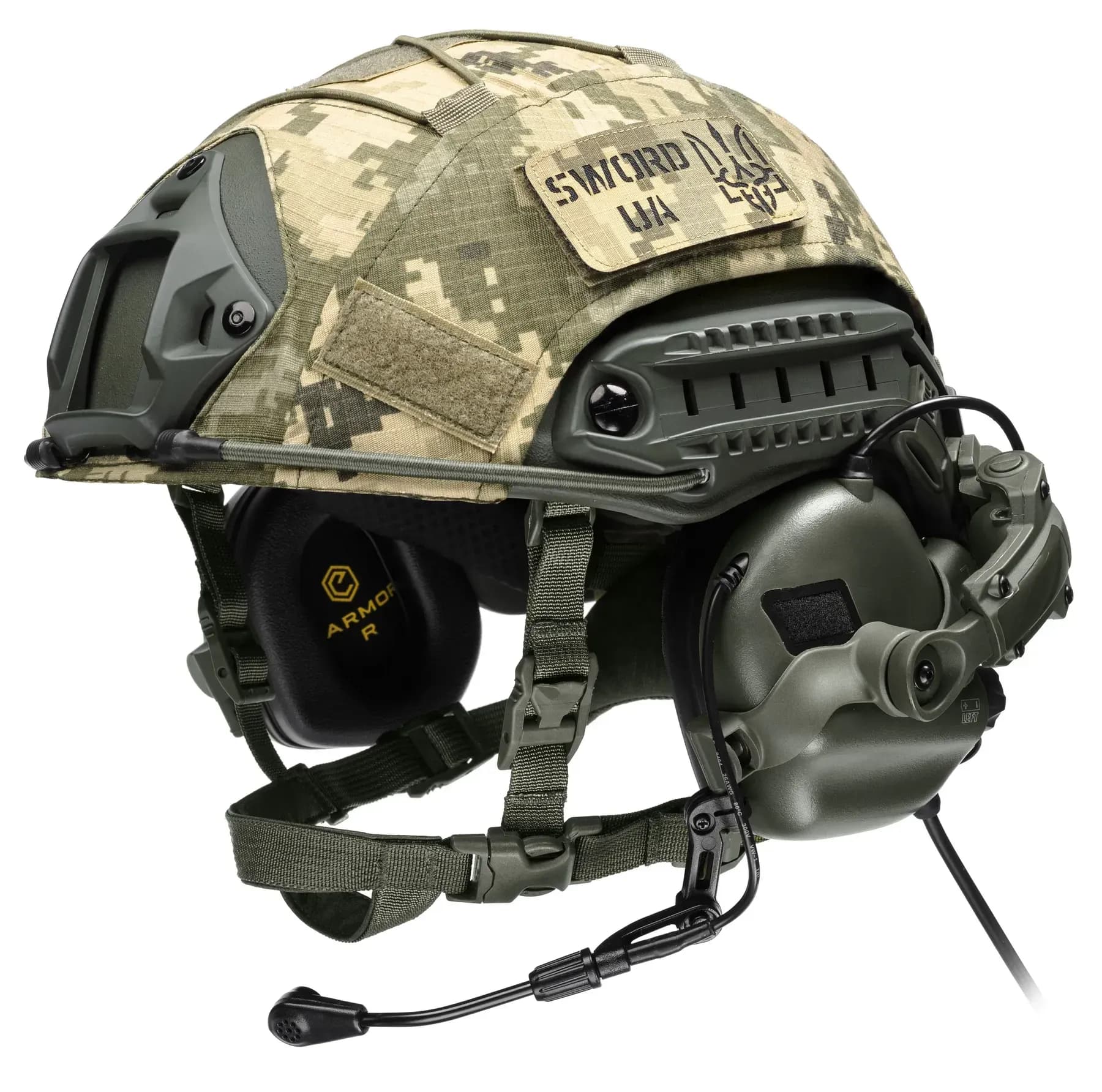 Шолом балістичний каска FAST Helmet NIJ IIIA олива+Тактичні навушники М32+кавер піксель